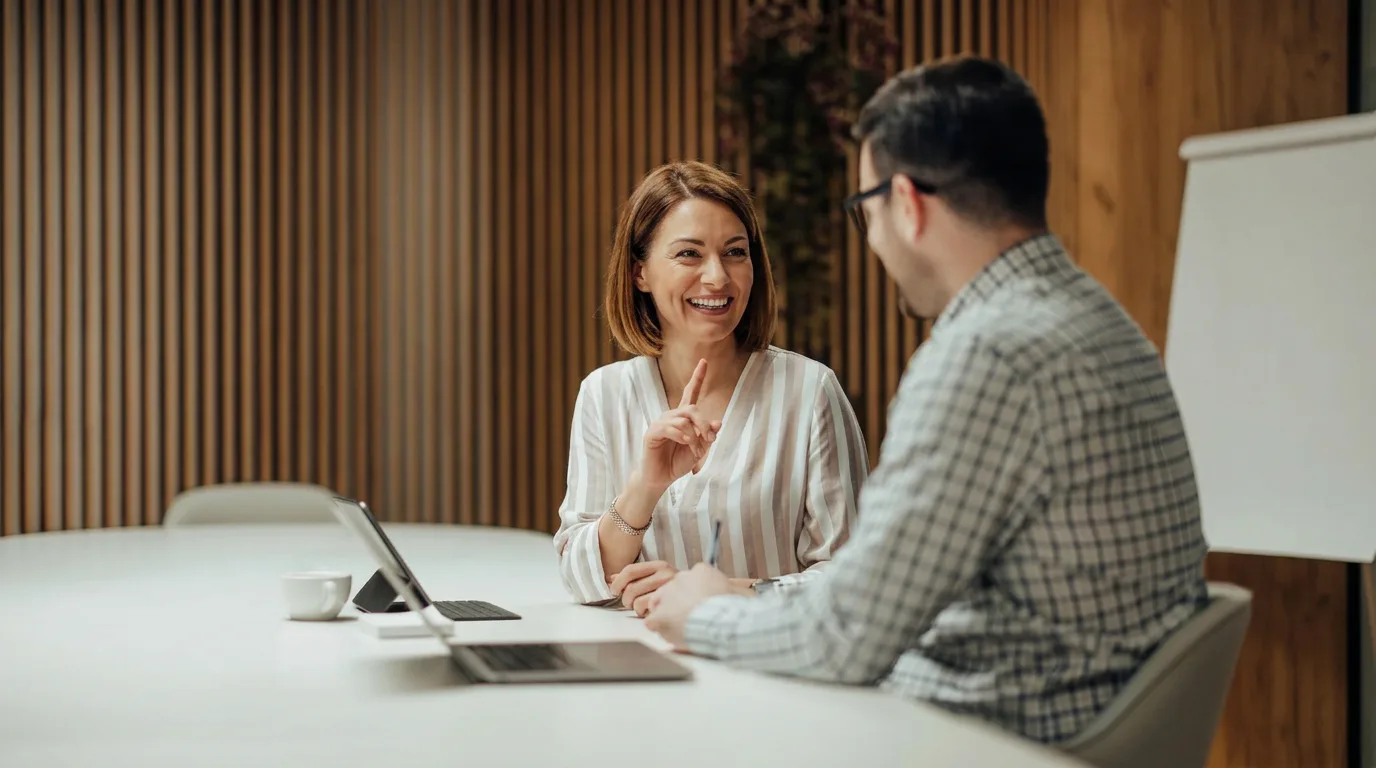 Colloquio In Opera tra recruiter e candidata in ambiente di lavoro